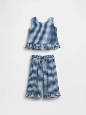 Bebek & Yürümeye Başlayan Çocuklar İçin Gingham Desenli Denim Fırfırlı Etek Uçlu Kombin Seti
