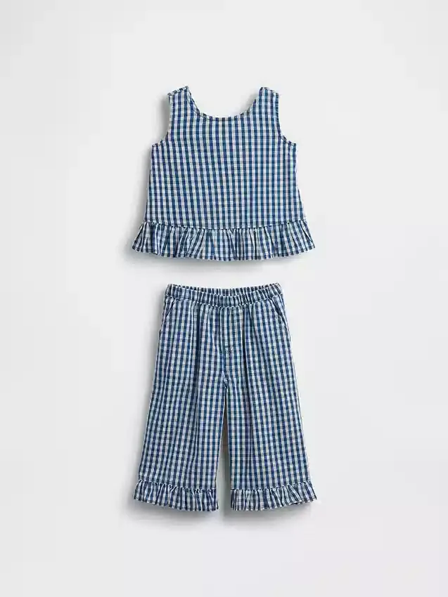 Bebek & Yürümeye Başlayan Çocuklar İçin Gingham Desenli Denim Fırfırlı Etek Uçlu Kombin Seti