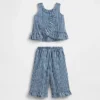 Bebek & Yürümeye Başlayan Çocuklar İçin Gingham Desenli Denim Fırfırlı Etek Uçlu Kombin Seti