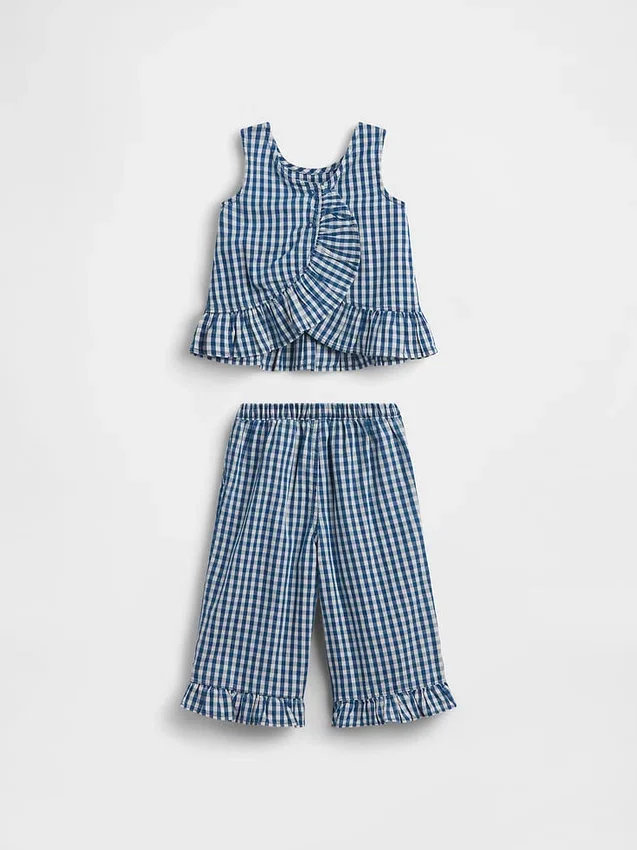 Bebek & Yürümeye Başlayan Çocuklar İçin Gingham Desenli Denim Fırfırlı Etek Uçlu Kombin Seti