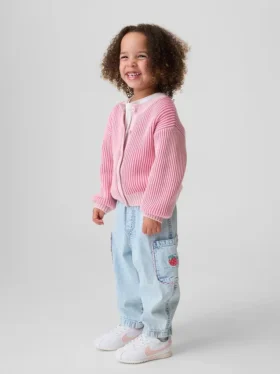 Bebek & Yürümeye Başlayan Çocuklar İçin Çilek Desenli Çekip Giyilen Barrel Kargo Jean'leri