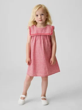 Bebek & Yürümeye Başlayan Çocuklar İçin Keten-Pamuklu Gingham Denizci Elbisesi