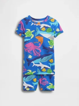 Bebek & Yürümeye Başlayan Çocuklar İçin Organik Fırçalanmış Pamuklu Deniz Canlıları Pijama Şort Seti