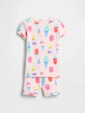 Bebek & Yürümeye Başlayan Çocuklar İçin Organik Fırçalanmış Pamuklu Dondurma Desenli Pijama Şort Seti