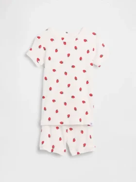 Bebek & Yürümeye Başlayan Çocuklar İçin Organik Fırçalanmış Pamuklu Çilek Desenli Pijama Şort Seti