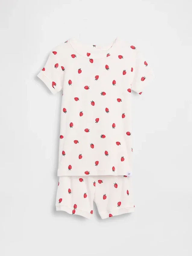 Bebek & Yürümeye Başlayan Çocuklar İçin Organik Fırçalanmış Pamuklu Çilek Desenli Pijama Şort Seti