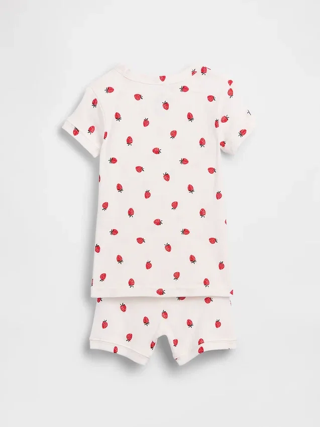 Bebek & Yürümeye Başlayan Çocuklar İçin Organik Fırçalanmış Pamuklu Çilek Desenli Pijama Şort Seti