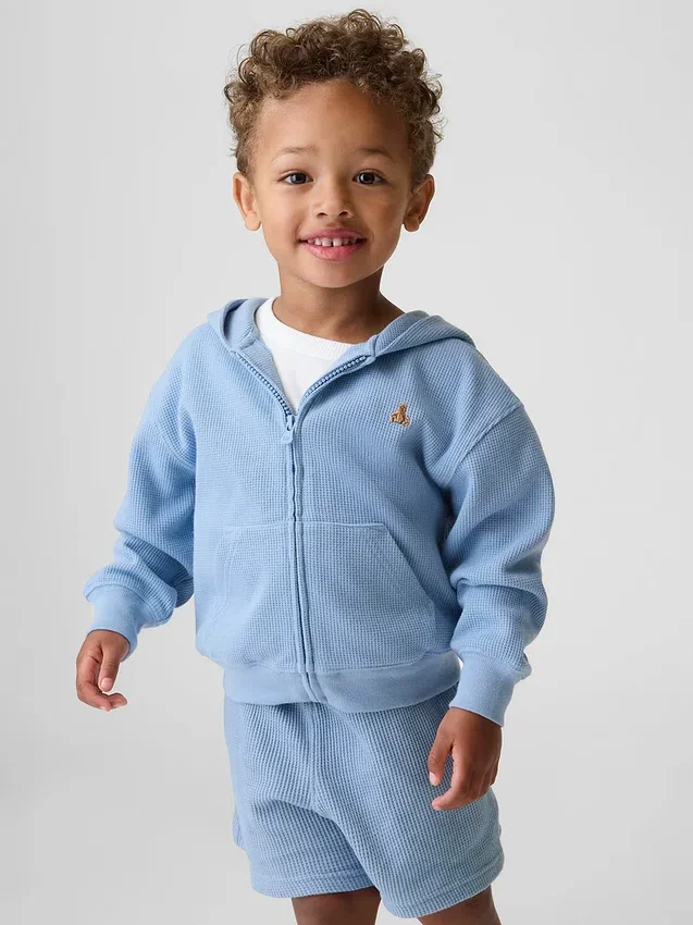 Bebek & Yürümeye Başlayan Çocuklar İçin Waffle Dokulu Fermuarlı Kapüşonlu Sweatshirt