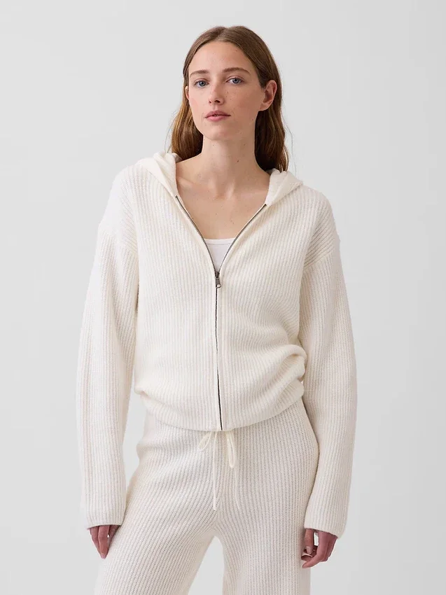 CashSoft Oversized Shaker Örgülü Fermuarlı Kapüşonlu Sweatshirt