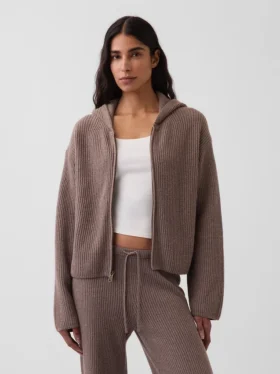 CashSoft Oversized Shaker Örgülü Fermuarlı Kapüşonlu Sweatshirt