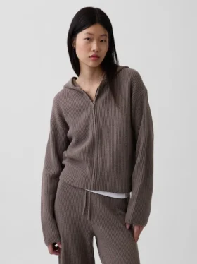 CashSoft Oversized Shaker Örgülü Fermuarlı Kapüşonlu Sweatshirt