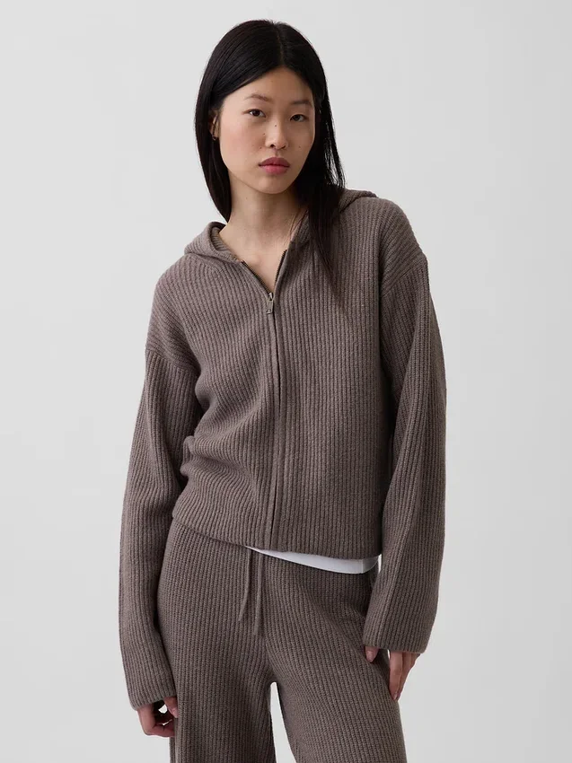 CashSoft Oversized Shaker Örgülü Fermuarlı Kapüşonlu Sweatshirt
