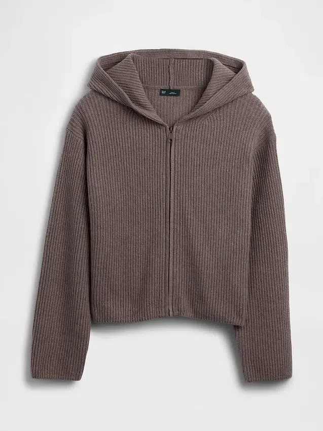 CashSoft Oversized Shaker Örgülü Fermuarlı Kapüşonlu Sweatshirt