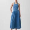 Denim Arkadan Bağlamalı Halter Maxi Elbise