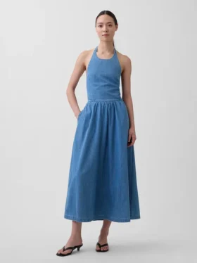 Denim Arkadan Bağlamalı Halter Maxi Elbise