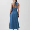Denim Arkadan Bağlamalı Halter Maxi Elbise