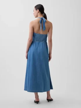 Denim Arkadan Bağlamalı Halter Maxi Elbise