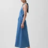 Denim Arkadan Bağlamalı Halter Maxi Elbise
