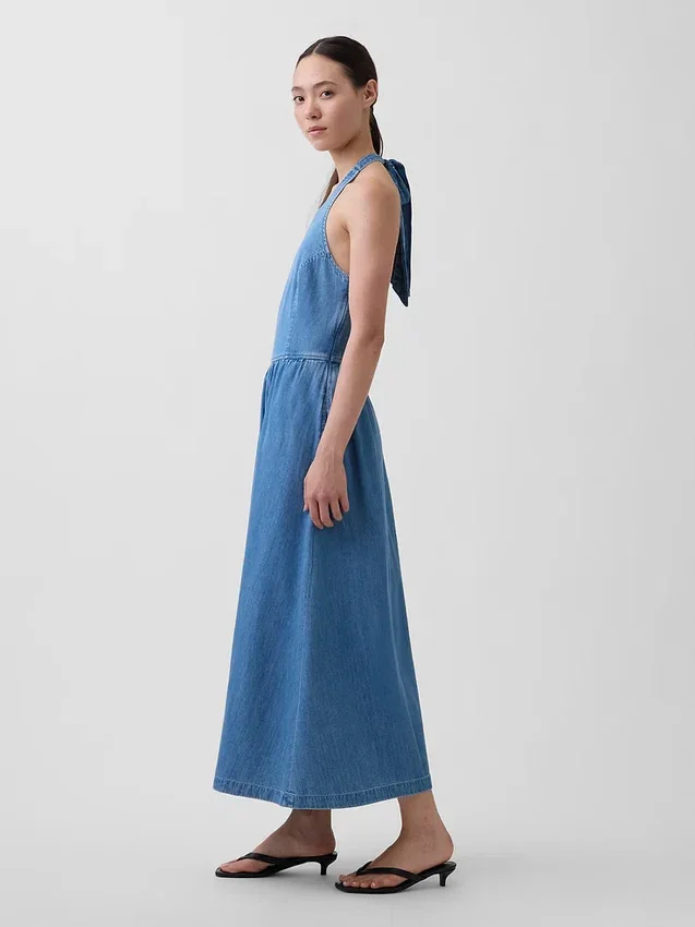 Denim Arkadan Bağlamalı Halter Maxi Elbise