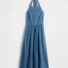 Denim Arkadan Bağlamalı Halter Maxi Elbise