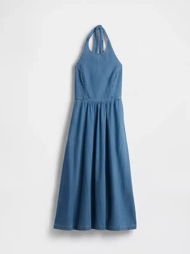 Denim Arkadan Bağlamalı Halter Maxi Elbise