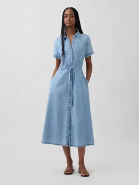 Denim Bağcıklı Bel Midi Gömlek Elbise