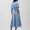 Denim Bağcıklı Bel Midi Gömlek Elbise