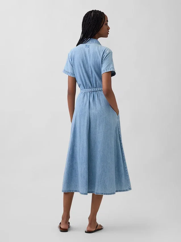Denim Bağcıklı Bel Midi Gömlek Elbise