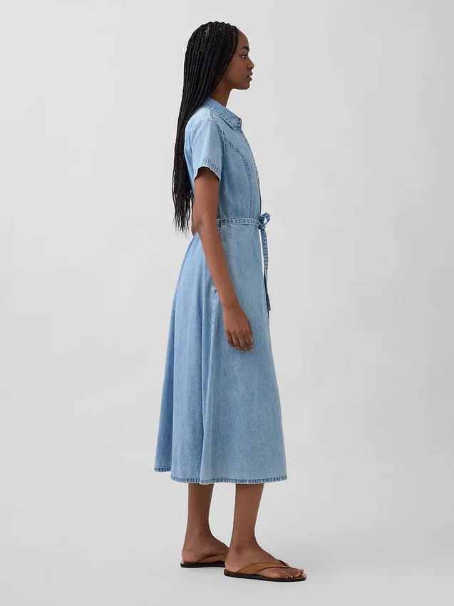 Denim Bağcıklı Bel Midi Gömlek Elbise