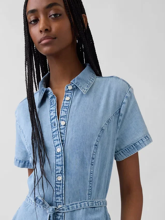 Denim Bağcıklı Bel Midi Gömlek Elbise