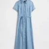 Denim Bağcıklı Bel Midi Gömlek Elbise