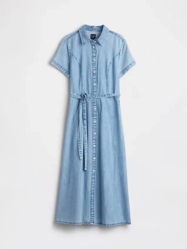 Denim Bağcıklı Bel Midi Gömlek Elbise