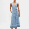 Denim Bağcıklı Kemerli Düğmeli Maxi Elbise