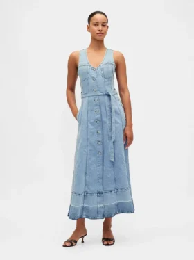 Denim Bağcıklı Kemerli Düğmeli Maxi Elbise