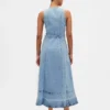 Denim Bağcıklı Kemerli Düğmeli Maxi Elbise