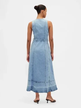 Denim Bağcıklı Kemerli Düğmeli Maxi Elbise