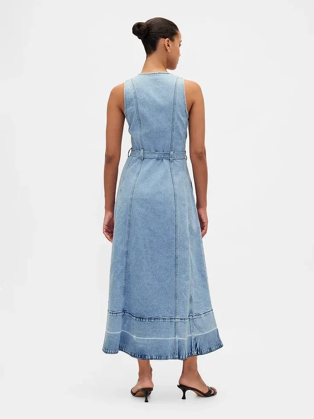 Denim Bağcıklı Kemerli Düğmeli Maxi Elbise