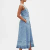 Denim Bağcıklı Kemerli Düğmeli Maxi Elbise