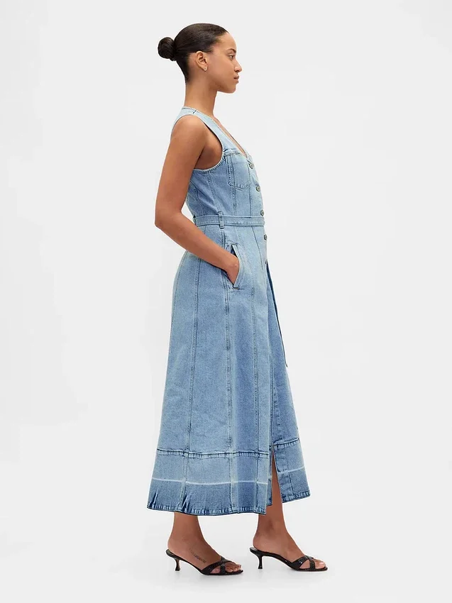 Denim Bağcıklı Kemerli Düğmeli Maxi Elbise