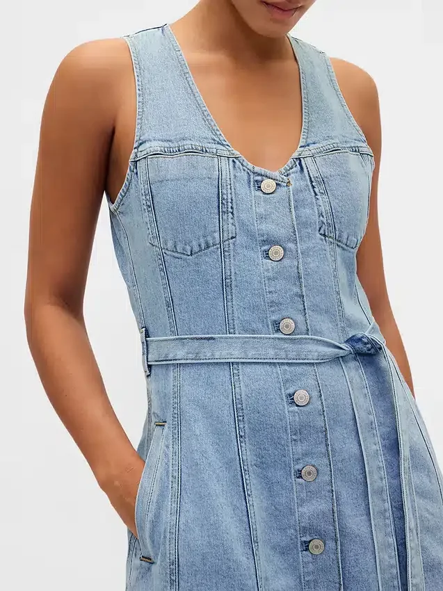 Denim Bağcıklı Kemerli Düğmeli Maxi Elbise