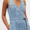 Denim Bağcıklı Kemerli Düğmeli Maxi Elbise