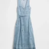 Denim Bağcıklı Kemerli Düğmeli Maxi Elbise