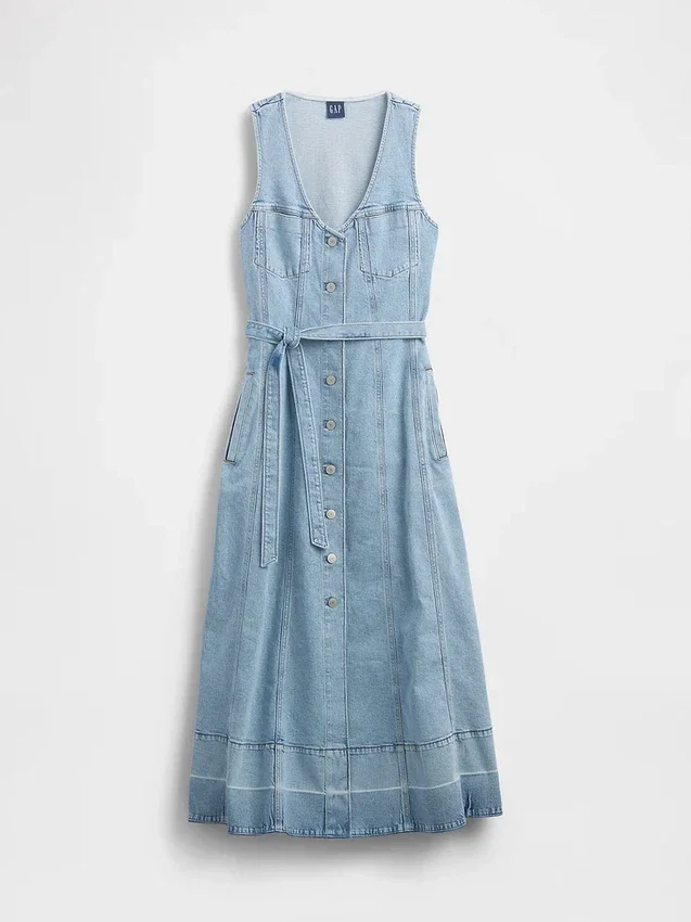 Denim Bağcıklı Kemerli Düğmeli Maxi Elbise
