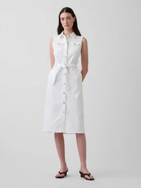 Denim Bağcıklı Kemerli Midi Elbise
