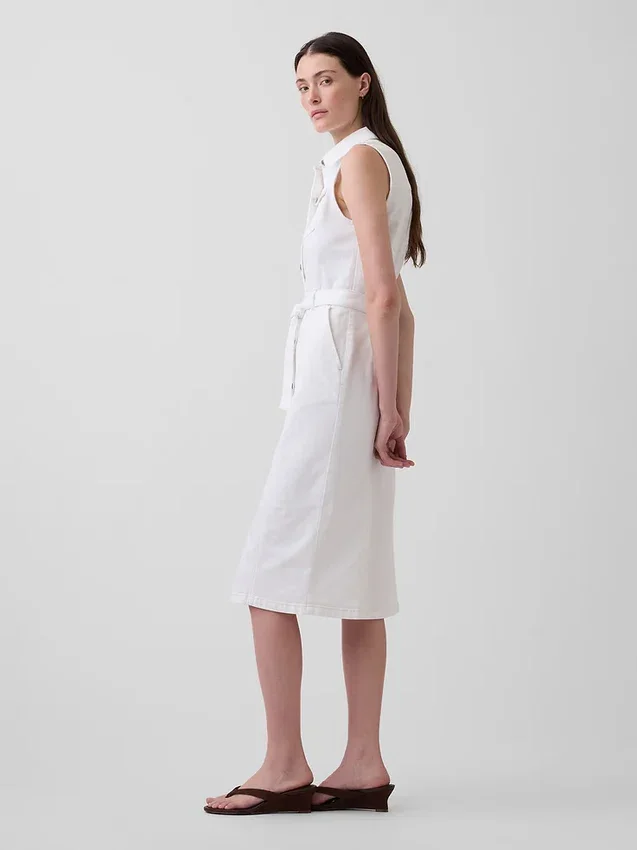 Denim Bağcıklı Kemerli Midi Elbise