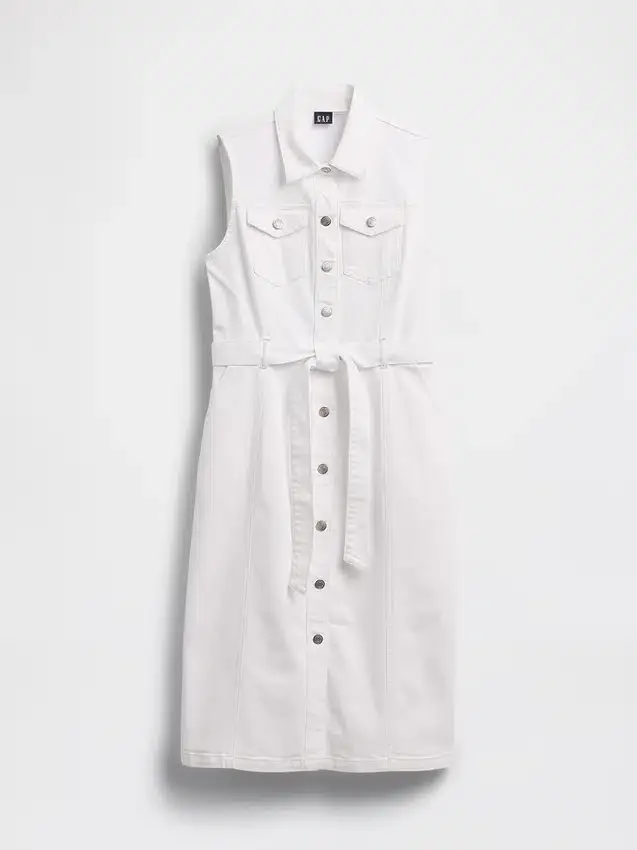 Denim Bağcıklı Kemerli Midi Elbise