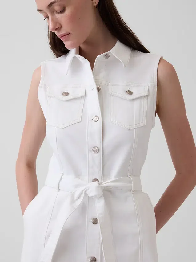 Denim Bağcıklı Kemerli Midi Elbise
