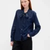 Denim Bağcıklı Yaka Gömlek