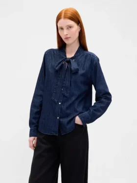 Denim Bağcıklı Yaka Gömlek