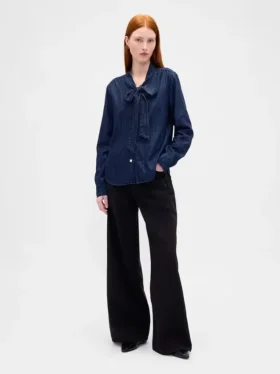 Denim Bağcıklı Yaka Gömlek